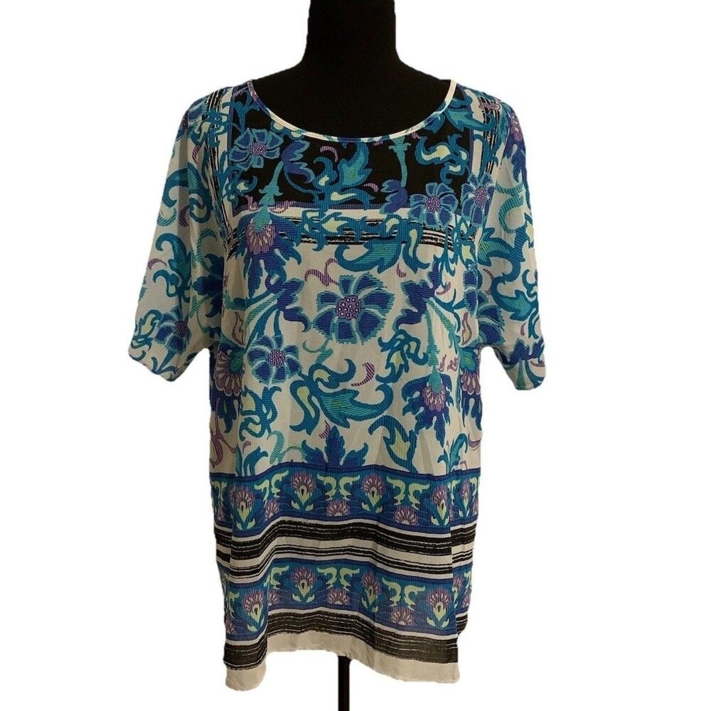 Chicos Size 2 Womens Large Top Semi Sheer Lightweight Colorful Short Sleeve